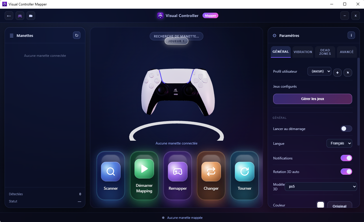 Interface de Visualo Controller Mapper — détection de manettes, profils, vibration, dead zones